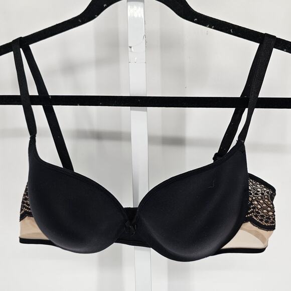 Maidenform Womens Sz 36C Classic Lightly Padded T Shirt Bra Black w/ Beige Trim - Picture 1 of 4